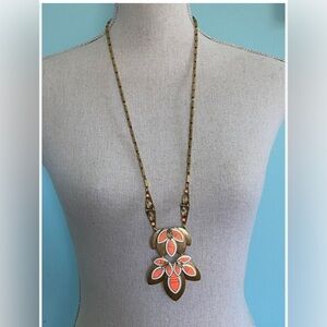 STELLA & DOT Brass Enamel Coral Bead and Crystal Modernist Pendant Necklace